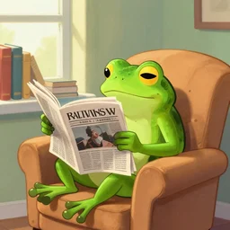 A frog reading the newspaper in his armchair in the background books near a window by Greg rutkowski, Trending artstation