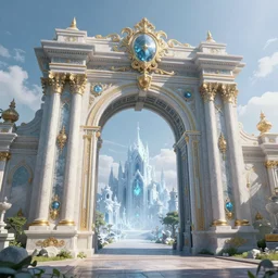 massive ornate gateway set in a dreamy beautiful fantasy landscape. The gateway leads to a frozen realm which is visible through the gateway. Noah Bradley. Zaha Hadid. Digital art. Very detailed. Trending on artstation.
