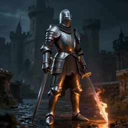 anatomically correct knight with long sword on fire, dark night, castle on the background, wet surface, unreal engine 5, lumen technology, incredible detalization, film still, by alberto mielgo