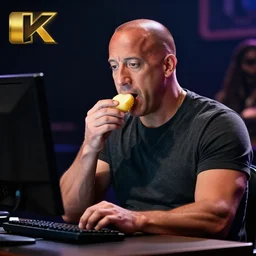 photo still of vin diesel eating a potato on a computer, 8 k, live concert lighting, mid shot