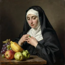 jean - baptiste pigalle masterpiece ultrarealistic ultradetailed painting of catholic veiled lady beside fruits, still life, greg rutkowski, immerse, slime, special effects makeup, maximalist, glittering, gold, ivory, hyperreal, golden ratio, alphonse mucha
