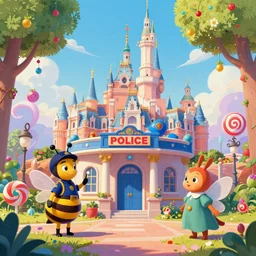 photo of police station whimsical fairy wonderland vibrant colors candyland wonderland by artgerm and greg rutkowski and magali villeneuv art beeple, by thomas kinkade hearstone league of legends dofus beatrix potter