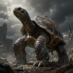 elden ring, dark souls, humanoid turtle monster, photorealistic, grimdark, gruesome, full height, front and side view