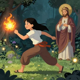 smiling hapa sorceress wearing trousers chasing will-o-wisps casting a fireball in a garden, orthodox saint, by Hsiao-Ron Cheng, breathtaking digital 2d cover art