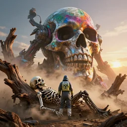 man in a biohazard suit discovers death, unreal engine, octane render, driftwood, sunlight, dusk, gigantic, 3 d, brilliantly coloured, intricate, ultra wide angle, physically based rendering, trending on artstation, dust, volumetric lighting, hdr, polished, micro details, ray tracing, 8 k, by rhads by greg tocchini, by james gilleard, by joe fenton