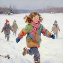a seven year old girl with short wavy curly light brown hair and blue eyes wearing colorful winter clothes is running in a snowy field. beautiful painting by artgerm and greg rutkowski and lois van baarle and ilya kuvshinov