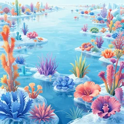 digital illustration of a lake full of multi - colored megaflora ice plants by dr. seuss, reimagined by ilm and beeple : 1 | spectral color, electric color, rolling hills : 0. 9 | fantasy : 0. 9 | unreal engine, deviantart, artstation, hd, 8 k resolution : 0. 8