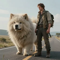 a concept art illustration, fantasy, man with a fluffy floating hairy pet on a road, hyper realistic, photorealistic, art by wlop and artgerm,, trending on artstation, cgsociety, ultra sharp