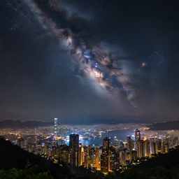 a beautiful double exposure of a deep field astrophotography image by hubble in the sky, and a night time view of a futuristic city in the mountains, skyscrapers, towering mountains above, mist, lpoty, award winning, apod, low noise, detailed, sharp
