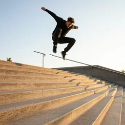 a dynamic action photograph of nyja huston doing a kickflip down a set of stairs at the golden hour