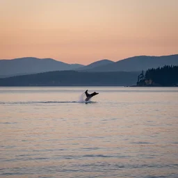 landscape photography by joel sartore of the setting sun on the west coast of bc, orcas breaching in the distance