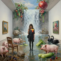 painting of a flooded modern art gallery and a tall emo girl holding french fries, chairs, stone boulder, ladder, art gallery interior, pigs, courgette, waterfall, hedonistic, organic, pomegranates, octopus, zen, black swans, courgettes, berries, surrealist, by magritte and monet