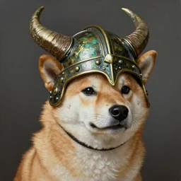 detailed photorealistic painting of dog shiba inu wearing a highly detailed ornamented bronze viking helmet with two horns, sharp focus in the style of ruan jia, Mandy jurgens, cinematic light, concept art, trending on artstation, ultra realistic