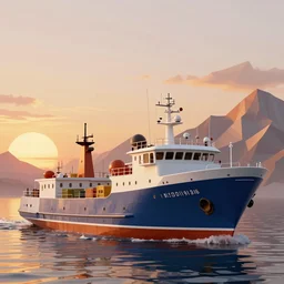 super detailed color art, big graphic fishing vessel on sunset view with polygonal mountains, unreal engine, high contrast color palette, 3 d render, lowpoly, colorful, digital art, perspective, full volume composition, syd mead
