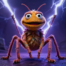 a high quality photo of a strange insectoid muppet god with furry fuzzy body and many segmented legs and hypnotic eyes, lightning in the background, absurdist fantasy, sharp focus, vibrant, vivid, symmetry, highly detailed, cinematic, intricate lines, concept art by giger, lisa frank, matt groening