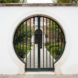 circular gate in a white wall, leading to a garden. venice architecture. fantasy. detailed. smooth. sharp focus. trending on arstation. artist greg rutkowski.