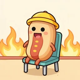 A cartoon image of a happy hotdog wearing a yellow hat, sitting on a chair in a room with burning walls