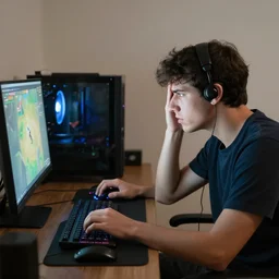 my friend sitting as his computer, desperate to play a game