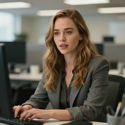award winning portrait photograph, Emilia Clarke, working in an office, depth of field, bokeh