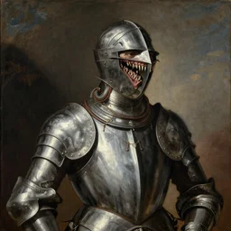a realistic painting by Raffaello Sanzi depicting the knight in shining armor with the head of the symbiotic Venom in the Renaissance.