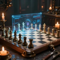 close up of a beautiful futuristic holographic chessgame, ultra detailed, atmospheric lighting, steampunk, moody, candles, by don bluth, trending on artstation, octane render, 8 k, ultra realistic