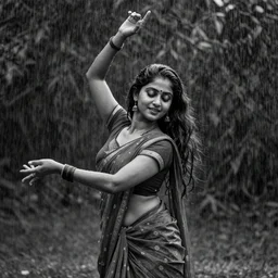 candid black and white photo portrait of a young indian woman dancing in the monsoon rain