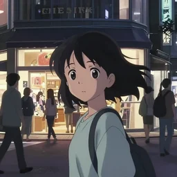 anime visual, portrait of a young female sightseeing in shibuya exterior at night shopping, in front of shop, low light, cute face by ilya kuvshinov, yoh yoshinari, makoto shinkai, dynamic pose, dynamic perspective, cel shaded, flat shading mucha, rounded eyes, moody, detailed facial features