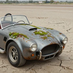 closeup rusty shelby cobra, moss covered, desert, cracked dry lake bed, by Zdzislaw Beksinski, Norman Rockwell, highly detailed, soft lighting, 8k resolution, oil on canvas
