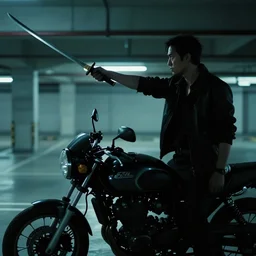 blade runner movie action still of a silhouetted yakuza holding out a long katana, in an underground parking lot, on a motorcycle, rack focus, close establishing shot, monochromatic teal, dark teal lighting, soft dramatic lighting, 4 k digital camera
