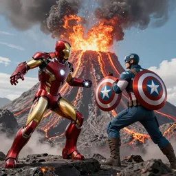 iron man fighting captain america in an active volcano