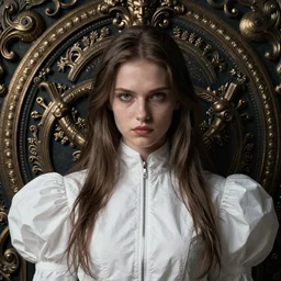 portrait of arrogant powerful young woman with white clothes, by greg rutkowski, by zdzislaw beksinski, very detailed, ornate, intricate, octane render, dark color lighting, volumetric lighting, 8 5 mm