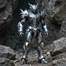 Biomechanical dragon power armor standing in a rock quarry, segmented armor, high contrast, good value control, rule of thirds, centered, science fiction, silver and blue color schemes, rubber undersuit, glowing eyes, high quality, 4k, matte, intricate detail, concept art, illustration