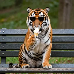 A Photo of a tiger sitting on a park bench with sunglasses eating ice cream