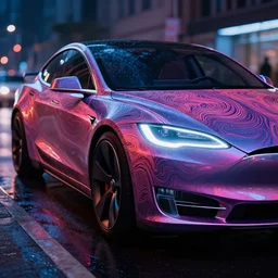 close up macro shot of a tron tesla car on wet city street at night, intricate, hyper detailed, smooth, high contrast, neon, volumetric lighting, octane, moebius, greg rutkowski, blade runner, ripley scott, cindmatic