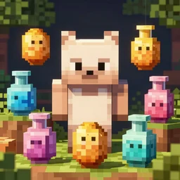 cat farming potatos in minecraft, vibrant vials, centered, symmetrical, aesthetically pleasing, insane details, digital art, deviantart, artstation, ambient light, 8 k
