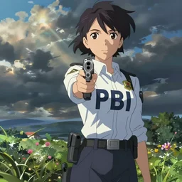female FBI agent with a gun, concept art, from the comedy anime film by makoto shinkai