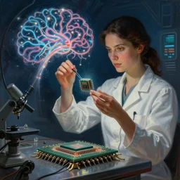 symmetric! detailed! sci - fi painting of a beautiful female neuroscientist with dark hair trying to understand a microprocessor and neural networks and artificial intelligence, jean giraud!, ai!