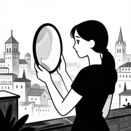 black and white illustration of woman holding mirror in front of ancient city, faile style