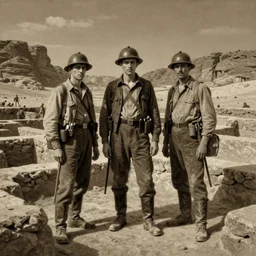 ultra detailed photorealistic sepia - toned painting from 1 9 1 7, three british soldiers standing at an archaeological dig site in wadi rum, ultra realistic, painted, intricate details, lovecraft, atmospheric, dark, horror, brooding, highly detailed, by clyde caldwell