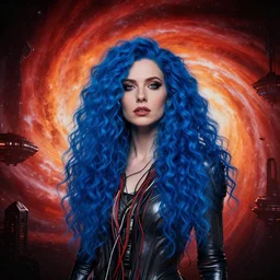 a fancy portrait of sci - fi long curly blue haired lady, stray wiring by atey ghailan, james gilleard, by joe fenton, by greg rutkowski, by greg tocchini, by kaethe butcher, 4 k resolution, gradient red, orange, black and white color scheme!!! ( ( nebula dystopian city spiral background ) )