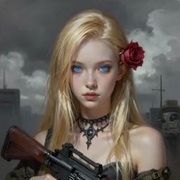 ultra realist and ultra intricate detailed soft painting of a beautiful young girl, thin lustrous long blond hair shaved on one side, symmetry features, glowing blue eyes, rose in hair, gothic necklace, sensual gloomy style, volumetric clouds, urban background, military, assault rifle, artstation, unreal render, depth of field