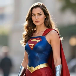 high quality photo of a cosplaying Gal Gadot as Superwoman , photography 4k, daylight, godrays, f1.8 anamorphic, bokeh, 4k,