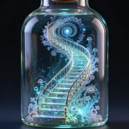 magical staircase inside a glass bottle, stunning, beautiful, breathtaking, reflections, bio - luminescence, fantasy, hyper - realistic, unreal engine, pattern, fractal, highly detailed, deep focus, elegant, digital painting, smooth, sharp focus, illustration, ultra realistic, 8 k,