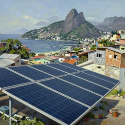 Solar panels generating electricity in a favela in rio de janeiro, oil painting