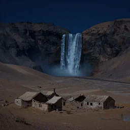 mysterious desert at night, watefall and mountains on background, little abandoned village on foreground, by dan mumford and sandra chevrier, 4 k