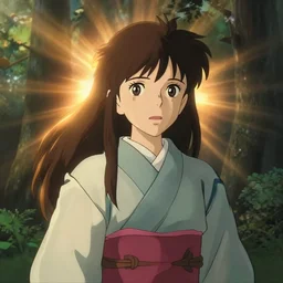 portrait bust of woman, god rays behind, komrebi light, forest background, long brown hair, kimono, princess mononoke, 4 k, greg rutkowski, high detail, dramatic lighting, sunset, hayao miyazaki, masashi ando, nizou yamamoto, kazuo oga, joe hisaishi, yoji takeshige, naoya tanaka