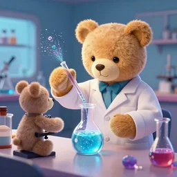 Teddy bears mixing sparkling chemicals as mad scientist as digital art
