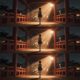 3 panel scene, anime girl stands under a bridge in japan at night - dramatic cozy art by wlop and okuda genso. wide angle lens. featured on pixiv, anime aesthetic. pixiv, warm aesthetic, rays of light, volumetric light, artstation, vanitas, official art, gothic, noise film photo. octane render, redshift render, ue 4