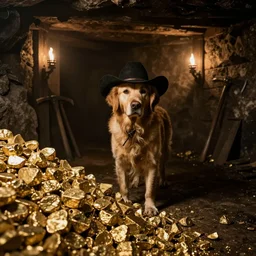 a dirty golden retriever in a dimly lit mine, large piles of gold nuggets, wearing a black western hat and jacket, dim moody lighting, wooden supports and wall torches and pick axes, cinematic style photograph