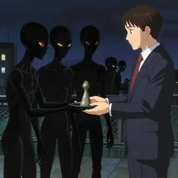 aliens in black handing over artifacts to a politician, night scene, inspired by yoshitaka amano, concept art